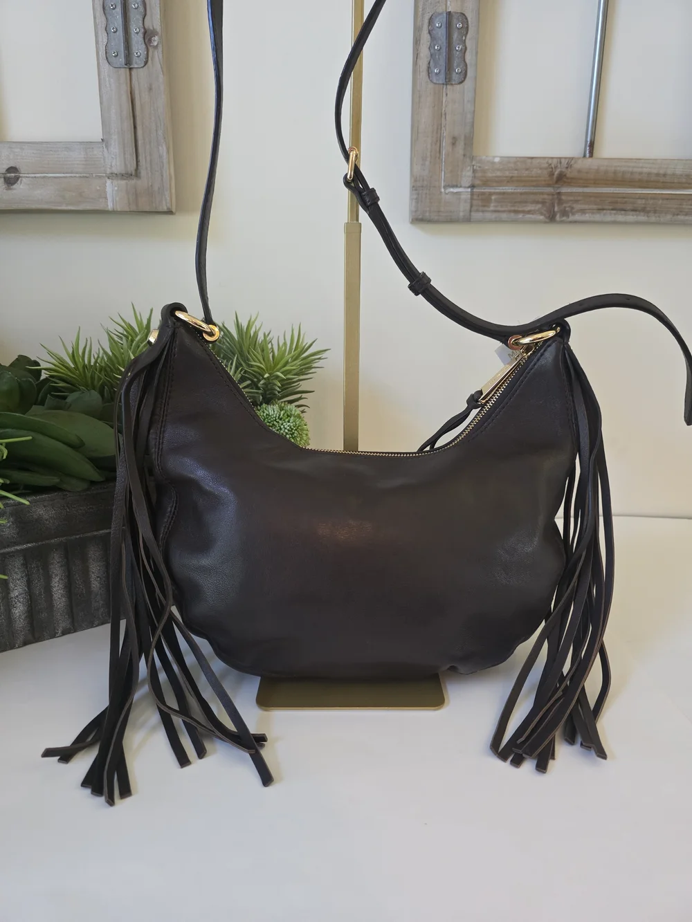 Michael Kors Rhea Studded  Shoulder/Crossbody Dark Chocolate Leather Fringe-New